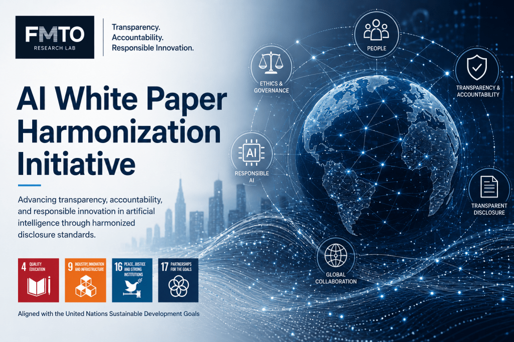 AI White Paper Harmonization Initiative infographic showing global AI governance, transparency, accountability, responsible innovation, and alignment with SDGs 4, 9, 16, and 17.